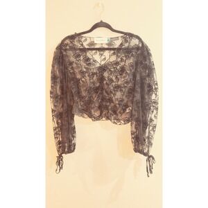House of Sunny Black Floral Sheer Mesh Cropped Puff Sleeve Top M/L *See Measure.